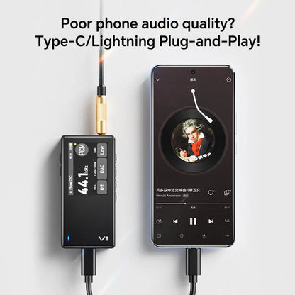 Black tempoTec Variations V1 portable USB dac with gold-plated type-c, digital display, compatible with im01 earphones hifi and hifi music player