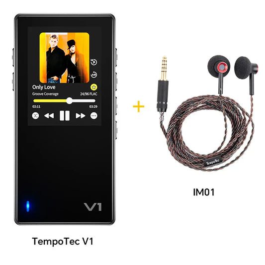Black tempotec variations v1 hifi music player with sleek screen and im01 earphones hifi with red accents and usb dac ports