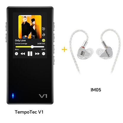 Black tempotec variations v1 hifi music player with silver im05 earphones and player usb dac ports for high quality audio