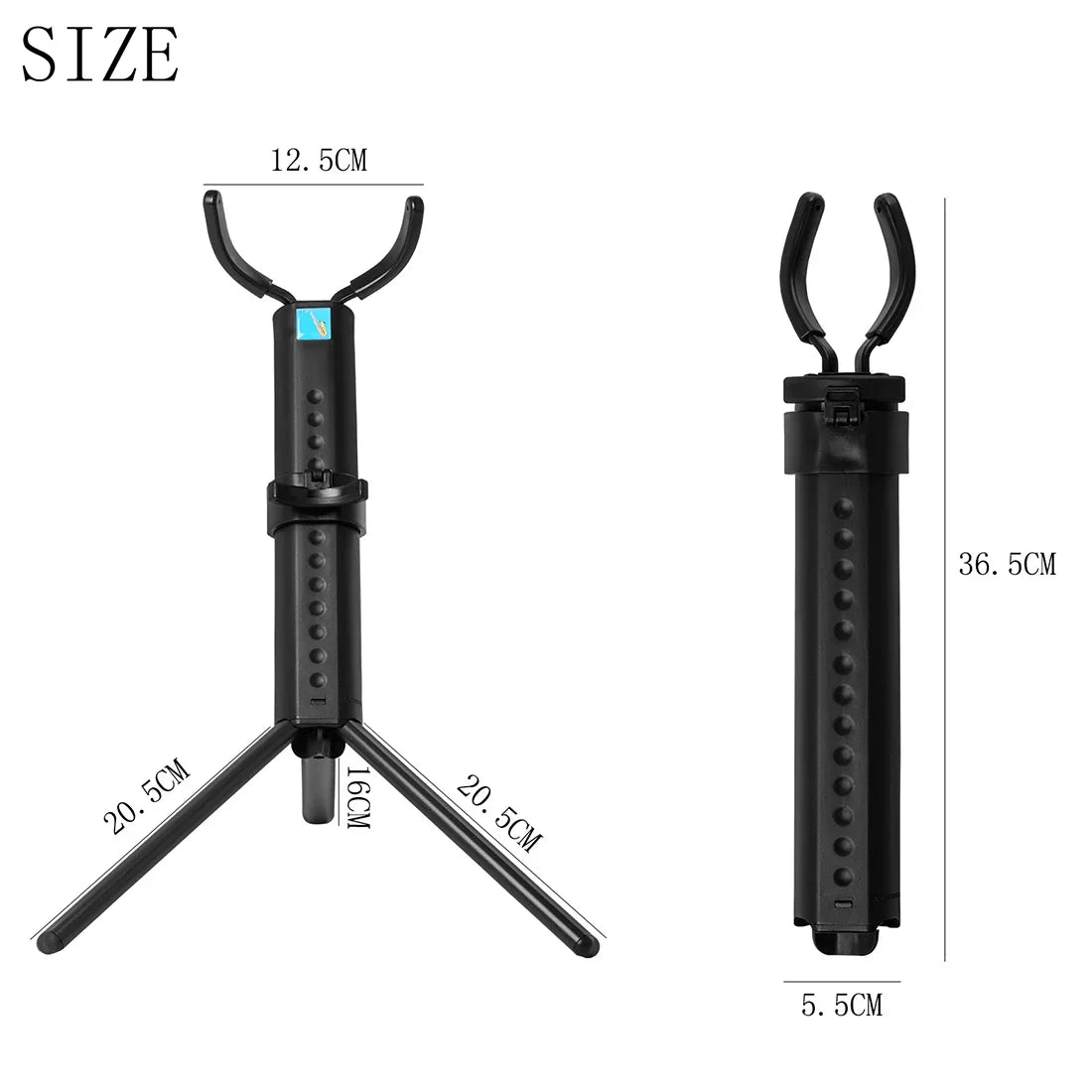 Black plastic tripod-style fishing rod holder with adjustable height and curved grips shown alongside tenor alto saxophone stand portable foldable professional stand metal legs