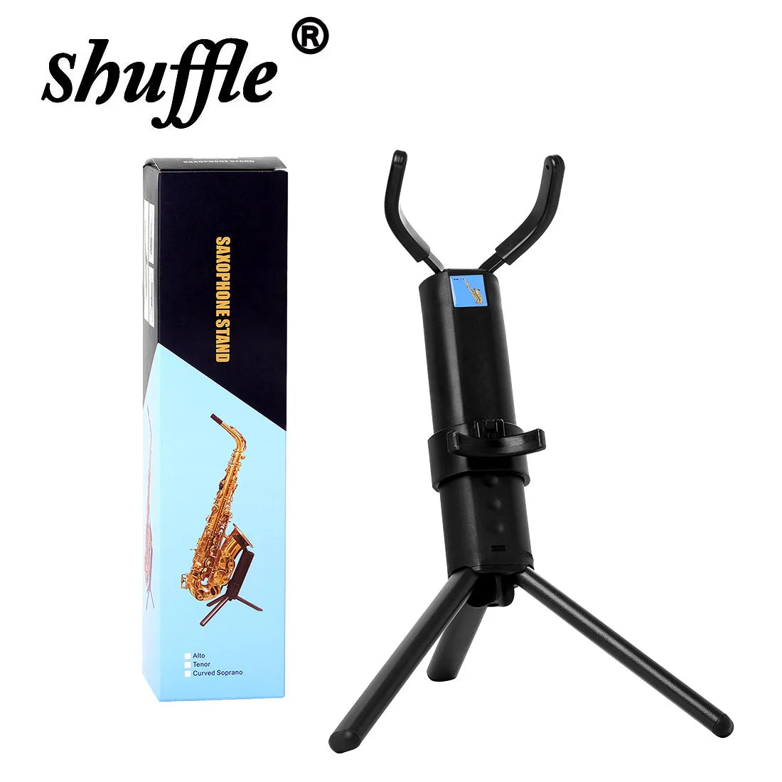 Black plastic tenor alto saxophone stand portable with adjustable arms and professional stand metal tripod base