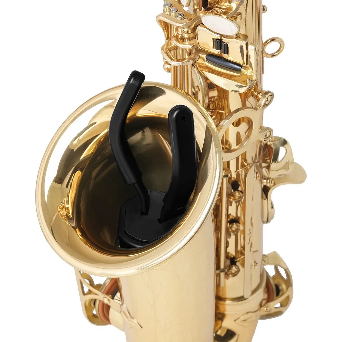 Black plastic saxophone mouthpiece rest inside golden bell of tenor alto saxophone portable foldable professional stand metal legs tripod