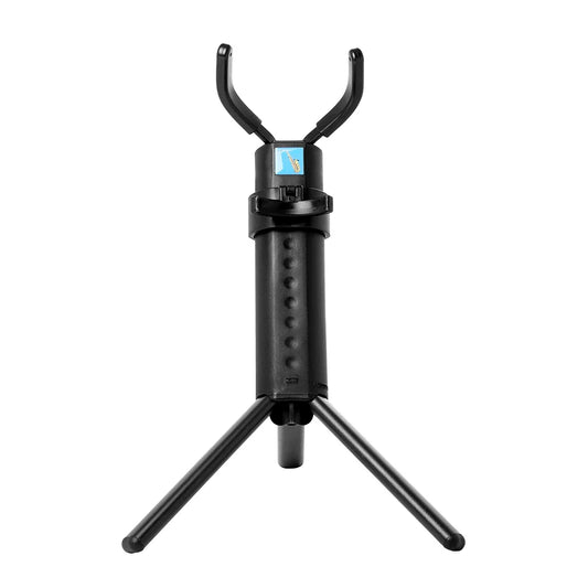 Black tripod-style tenor alto saxophone stand portable with adjustable height curved arms and professional metal legs