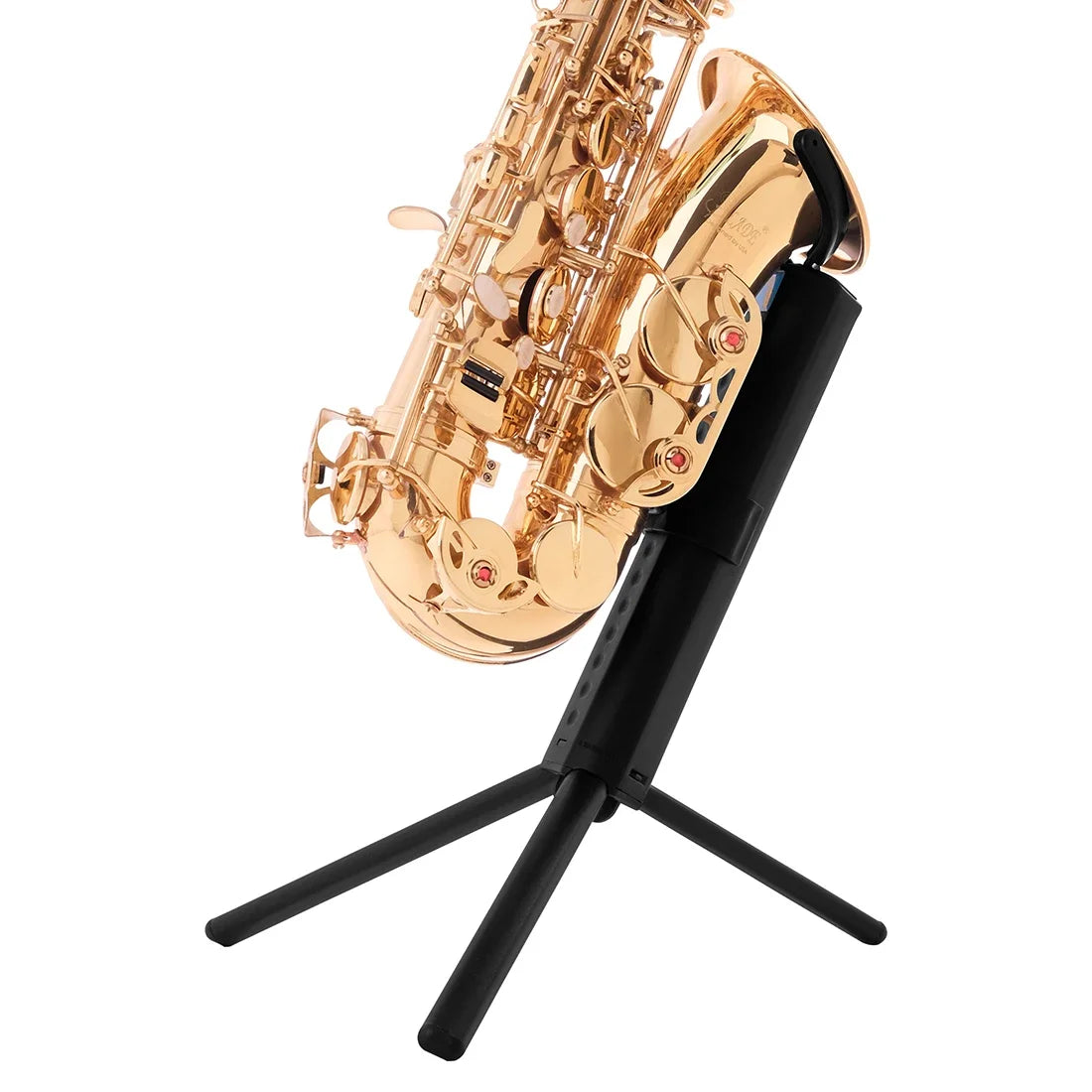 A gleaming gold tenor alto saxophone on a black portable saxophone stand with metal tripod legs