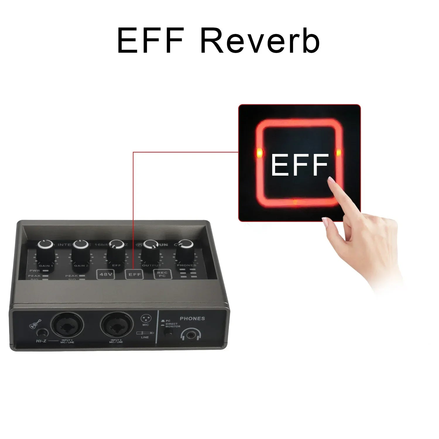 Black rectangular teyun echo effects audio interface with 48v phantom power and glowing red eff button for electric guitar external use