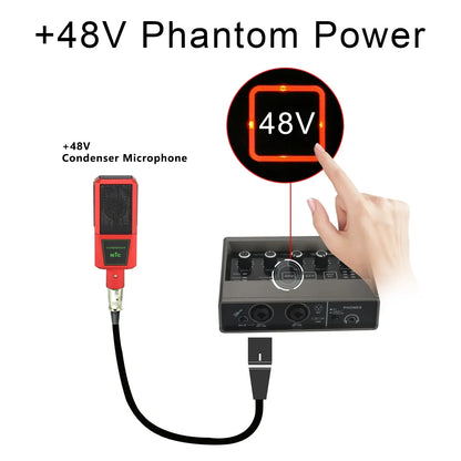 Red condenser microphone with black mesh grille and silver xlr connector using +48v phantom power on teyun echo effects electric guitar external audio interface