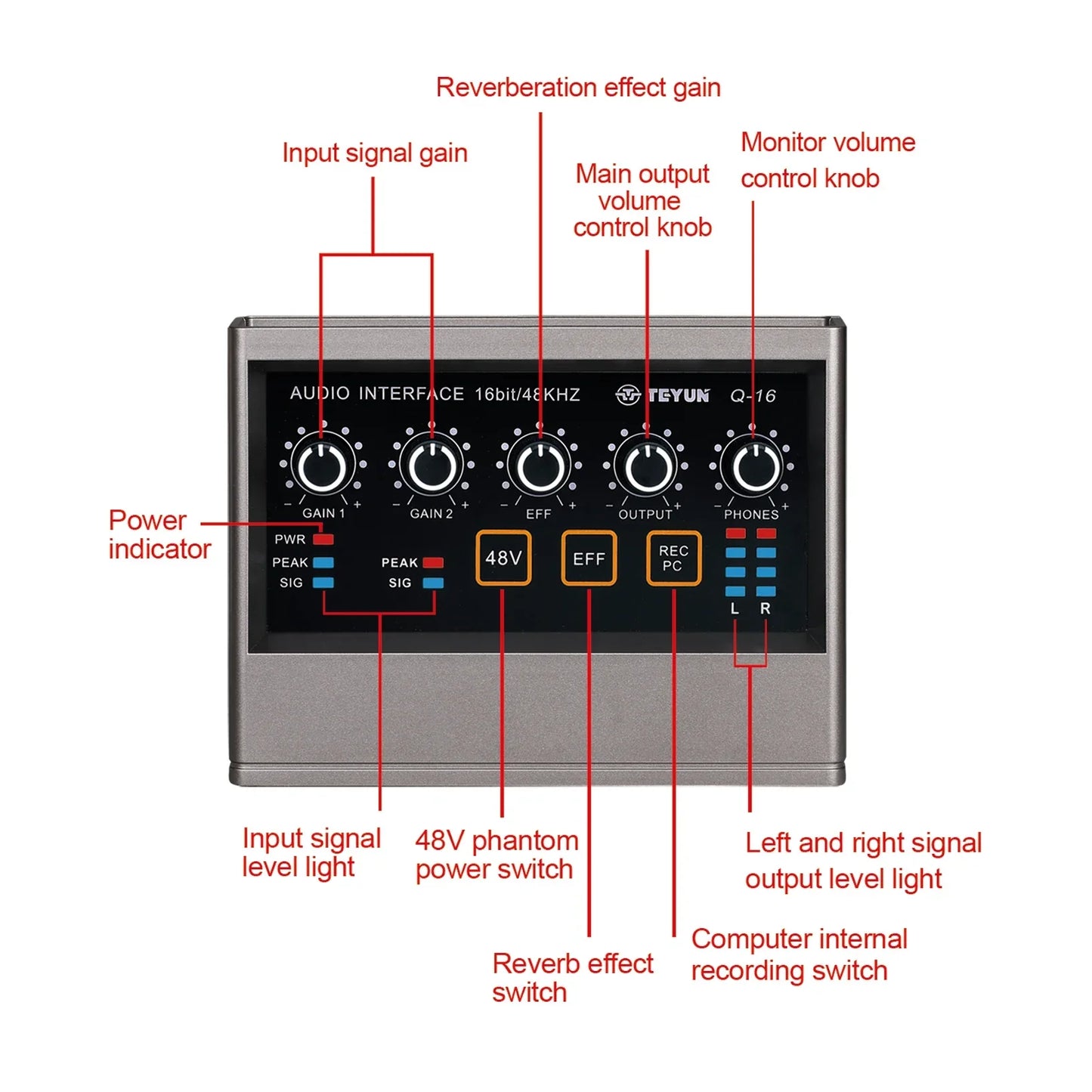 Silver metal teyun q-16 professional audio sound card with black panel and knobs for electric guitar recording and live broadcast studio