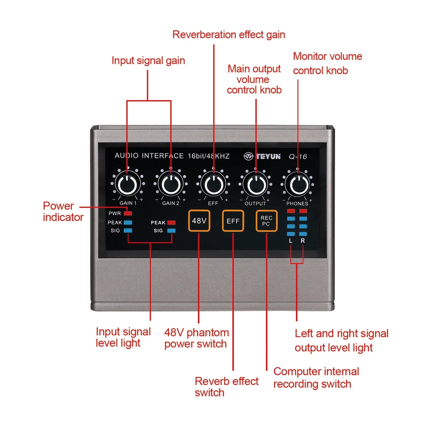 Silver professional audio sound card teyun q-16 with black control panel for monitor electric guitar and live broadcast studio use