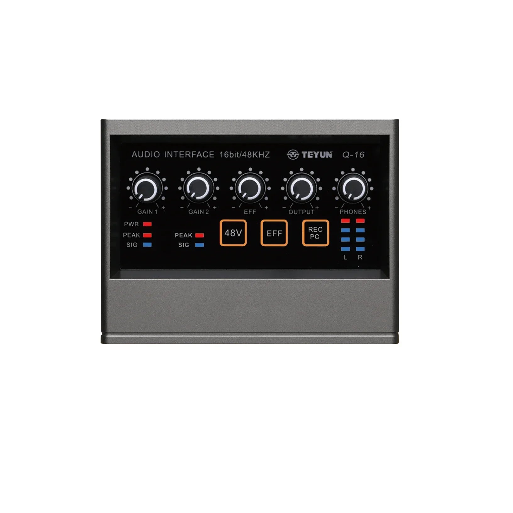 Teyun q-16 professional audio sound card with metallic gray chassis black panel five knobs led indicators and monitor electric guitar use