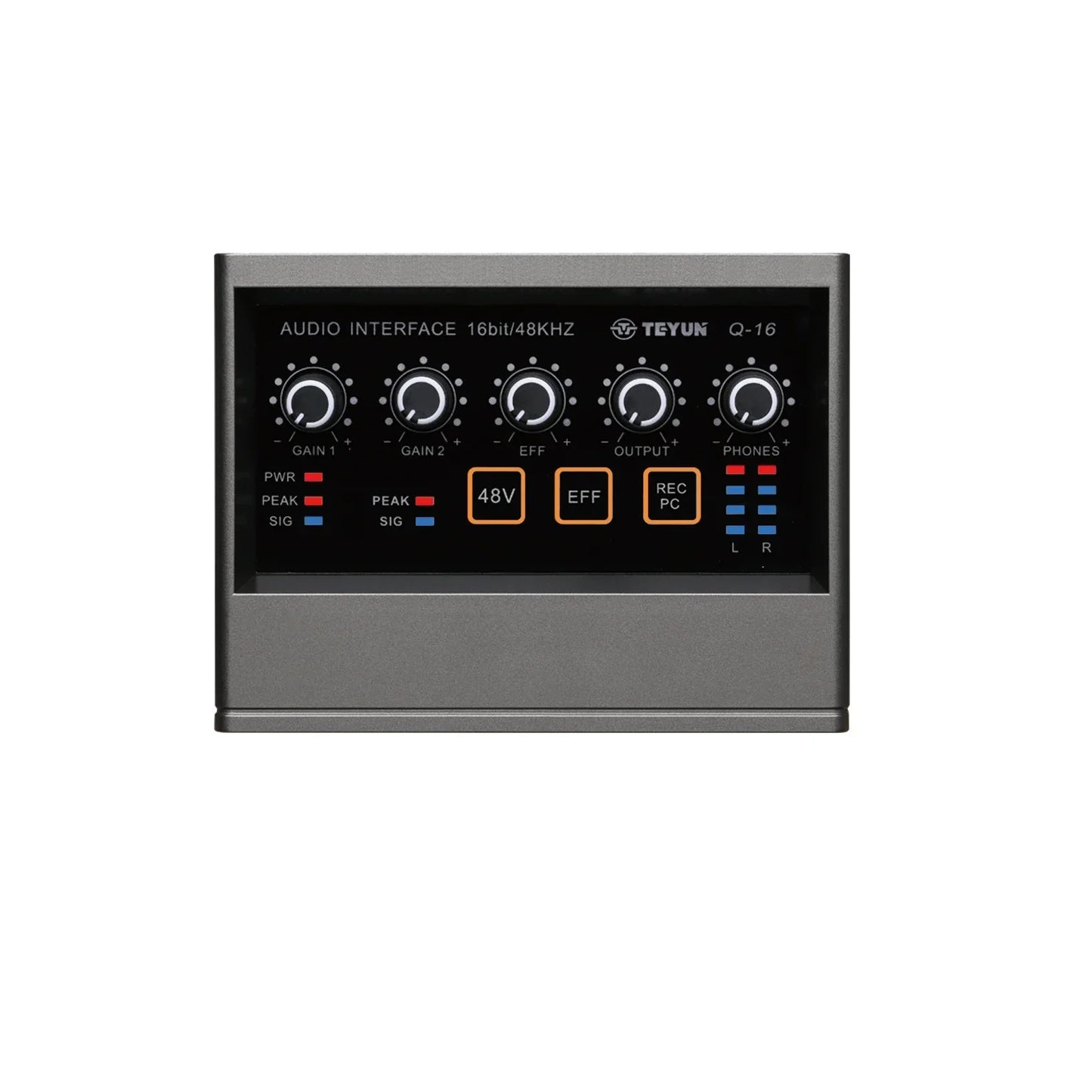 Teyun q-16 professional audio sound card with sleek metallic gray chassis and black panel for live broadcast studio use