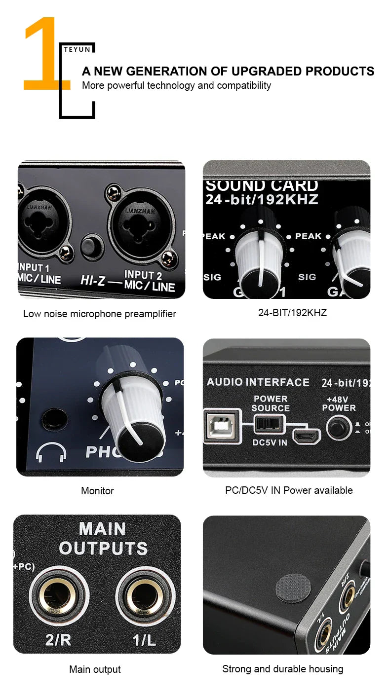 Black teyun q-24 professional sound card audio mixer channel with 24-bit 192khz resolution and durable housing