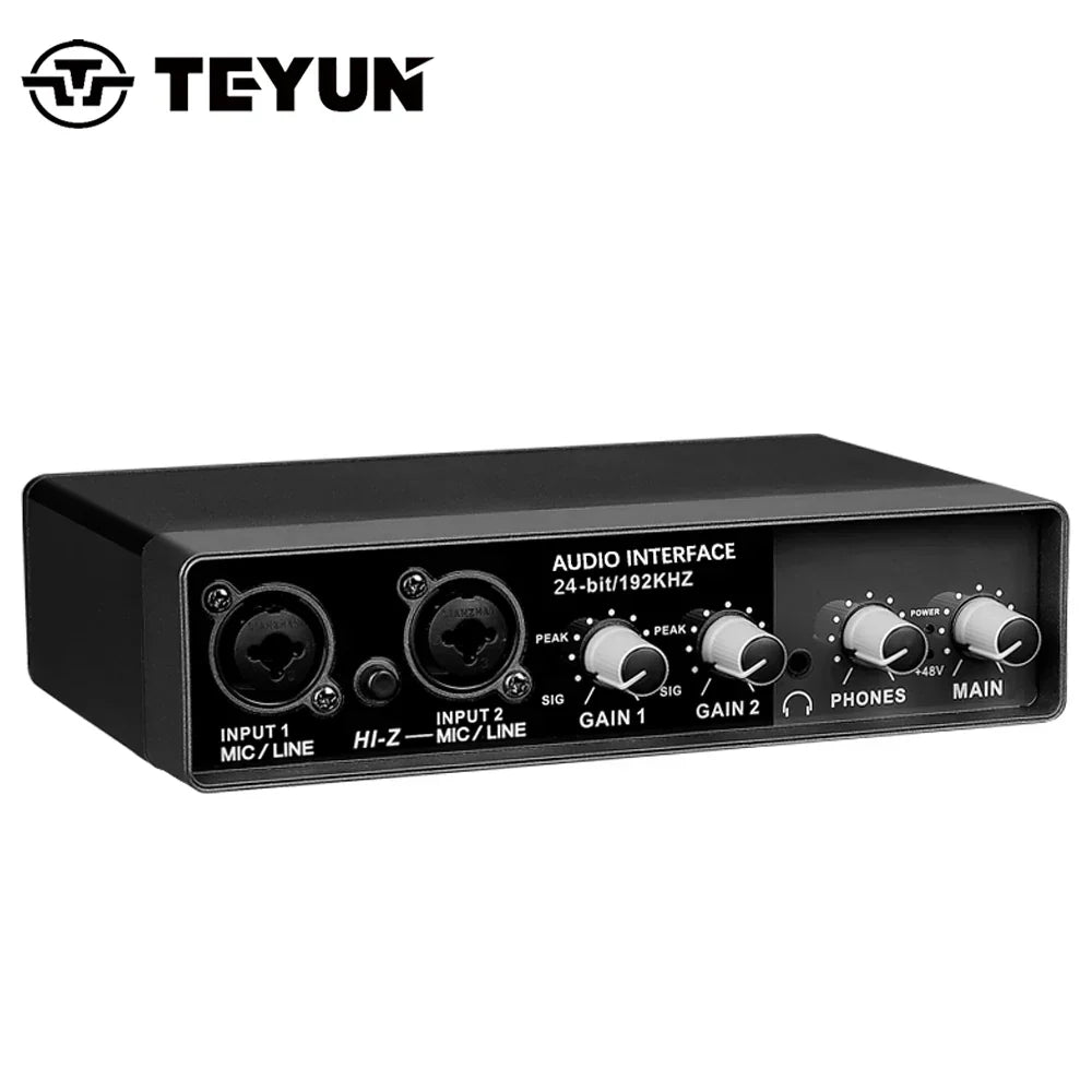 Black teyun q-24 professional sound card audio mixer channel with two xlr inputs and three gain control knobs for studio use
