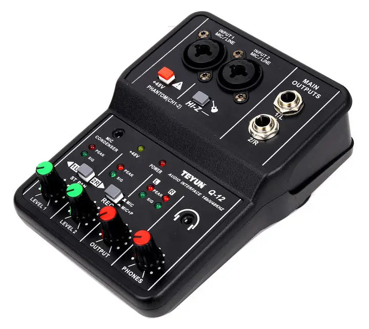 Black teyun q-12 professional sound card audio mixer channel with green and red knobs xlr and 3.5mm outputs
