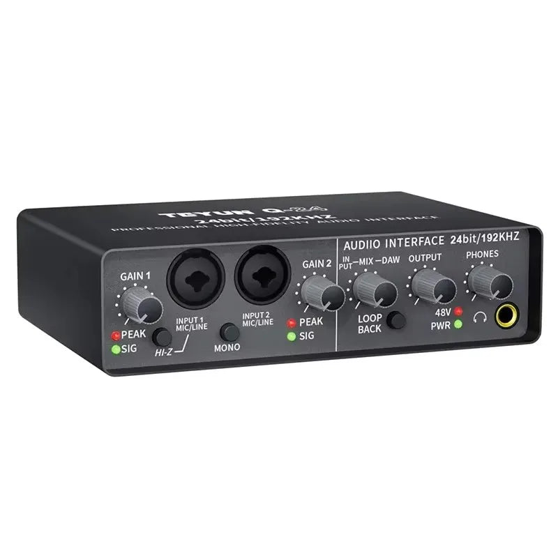 Black teyun q-24 professional sound card audio mixer channel with two xlr inputs gain knobs and headphone output jack