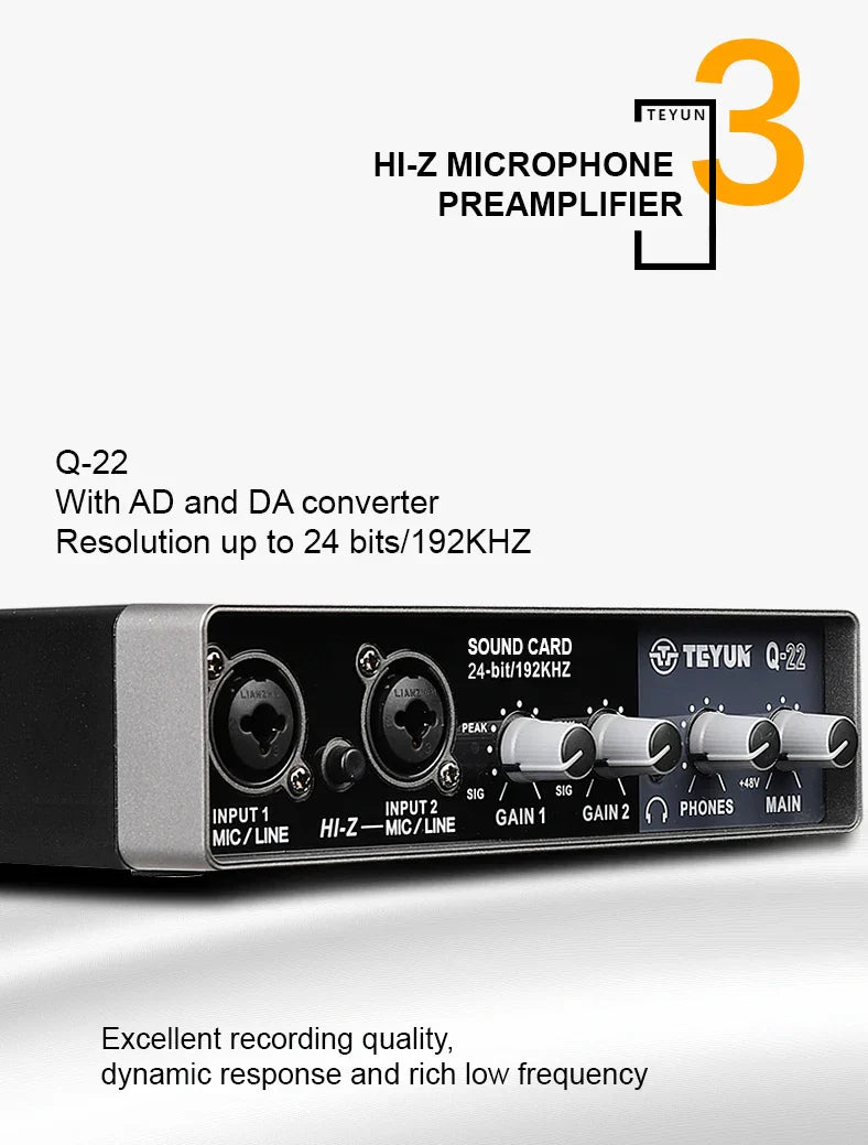 Black and silver teyun q-22 hi-z microphone preamplifier with 24-bit 192khz resolution in professional sound card audio mixer channel setup