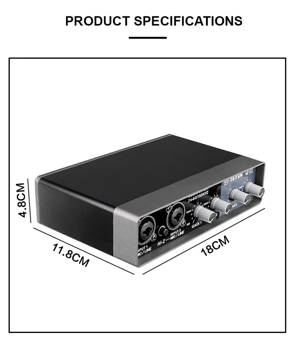 Black and silver teyun q-24 professional sound card audio mixer channel with multiple ports and control knobs for studio use