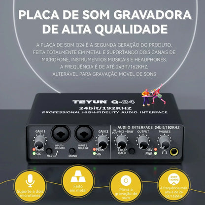 Black teyun q-24 professional audio interface with metal casing and multiple ports for monitoring electric guitar and live recording professional use