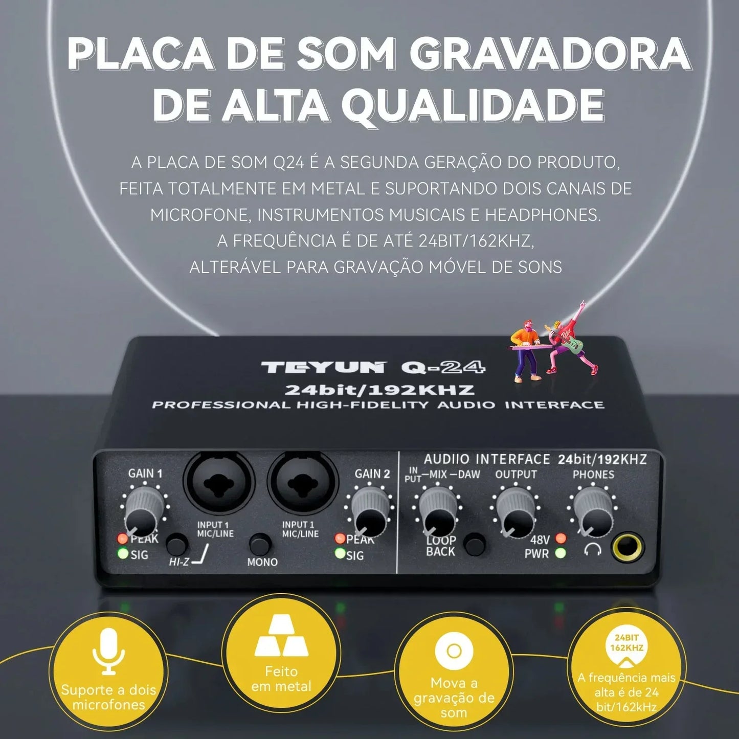 Black teyun q-24 professional high-fidelity audio interface with metal casing for monitoring electric guitar and live recording professional use