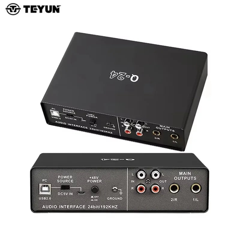 Black teyun q-24 audio interface with usb 2.0 dc5v input and balanced xlr outputs for monitoring electric guitar and guitar live recording