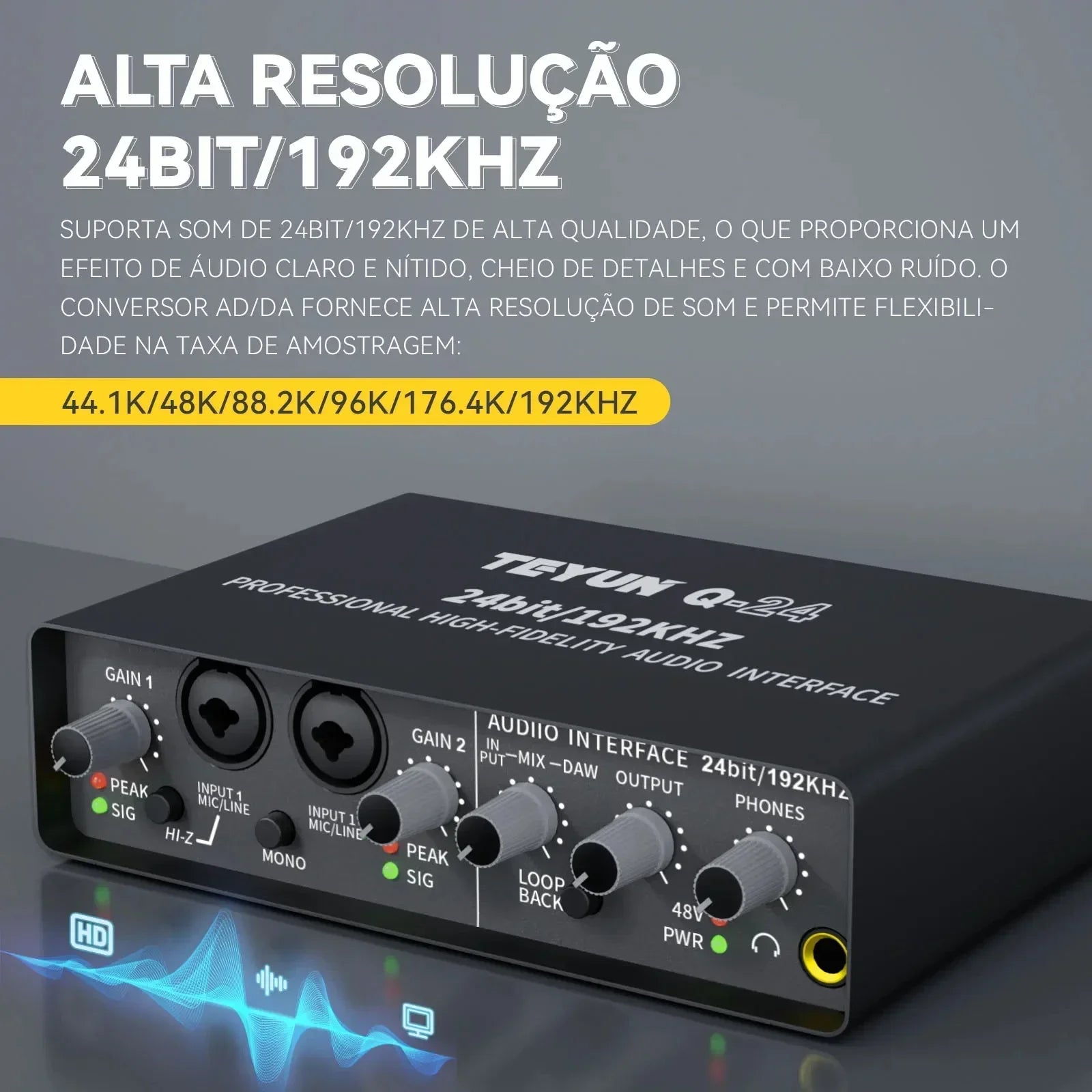 Black teyun q24 professional high-fidelity audio interface with 24-bit 192khz resolution for monitoring electric guitar and live recording professional use