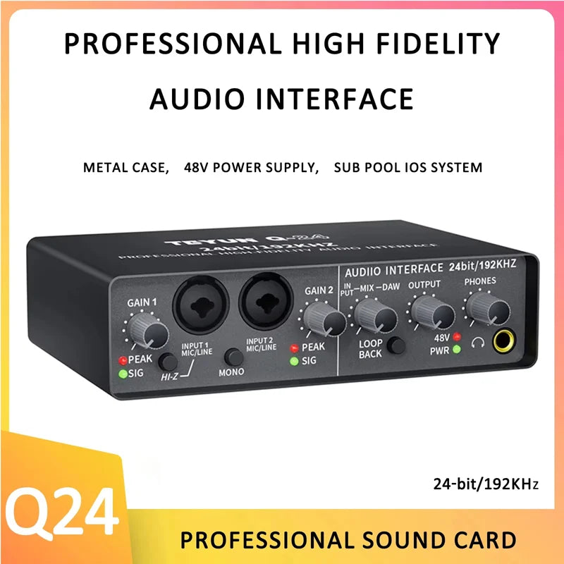 Black metal professional sound card audio mixer channel with 24-bit 192khz resolution for studio singing vocalist use