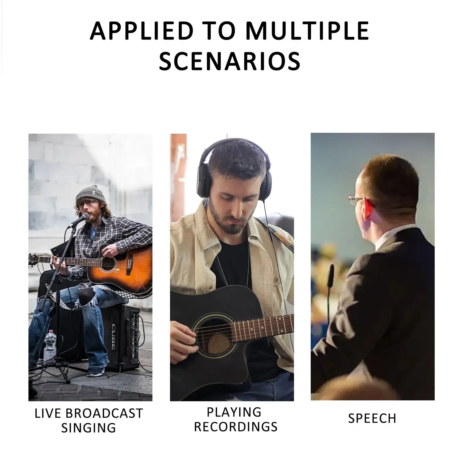 Black acoustic guitar with glossy finish and natural wood fretboard for studio singing vocalist using professional sound card audio mixer channel