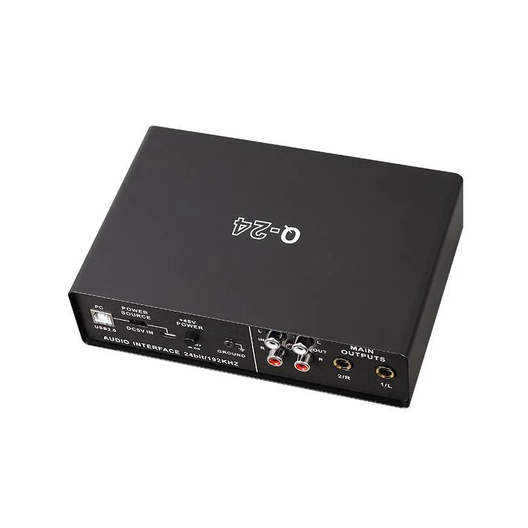 Black rectangular professional sound card with silver branding and labeled usb power rca ports for studio singing vocalist use