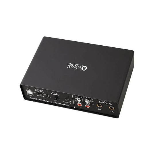Black rectangular professional sound card with silver branding and labeled usb power rca ports for studio singing vocalist use