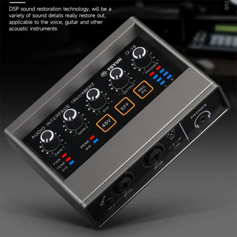 Silver metallic teyunq16 audio interface with black control panel orange-lit buttons for recording computer free external sound card