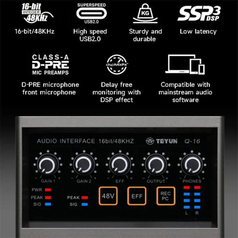 TeyunQ16 audio interface with sleek black panel, silver metal casing, and orange LED for recording computer free use external sound card