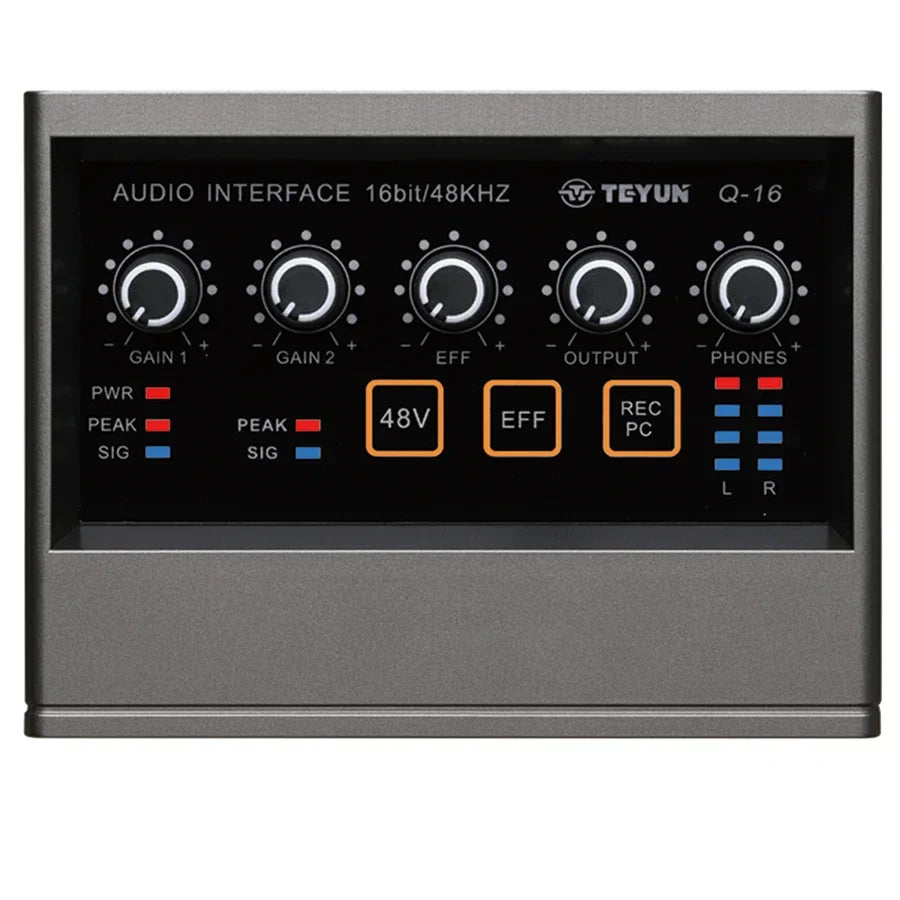 Teyunq16 audio interface with matte black front panel, five rotary knobs, and orange-lit buttons for professional video pro audio equipment