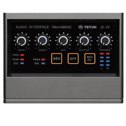 TeyunQ16 audio interface with matte black panel, five rotary knobs, and orange-lit buttons for recording computer free use