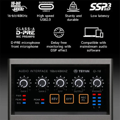 TeyunQ16 audio interface with sleek black panel silver casing and orange LED for 48v phantom power pro audio equipment