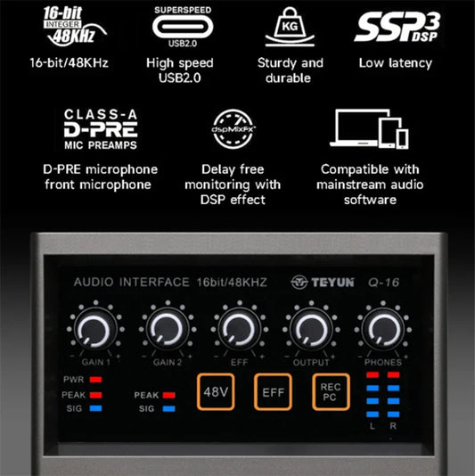 TeyunQ16 audio interface with sleek black panel silver casing and orange LED for 48v phantom power pro audio equipment