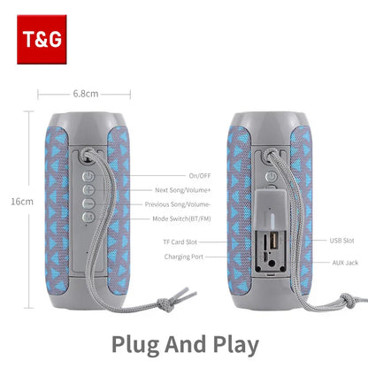 Gray and blue patterned t&g portable bluetooth speaker with woven carrying strap featuring waterproof stereo surround sound