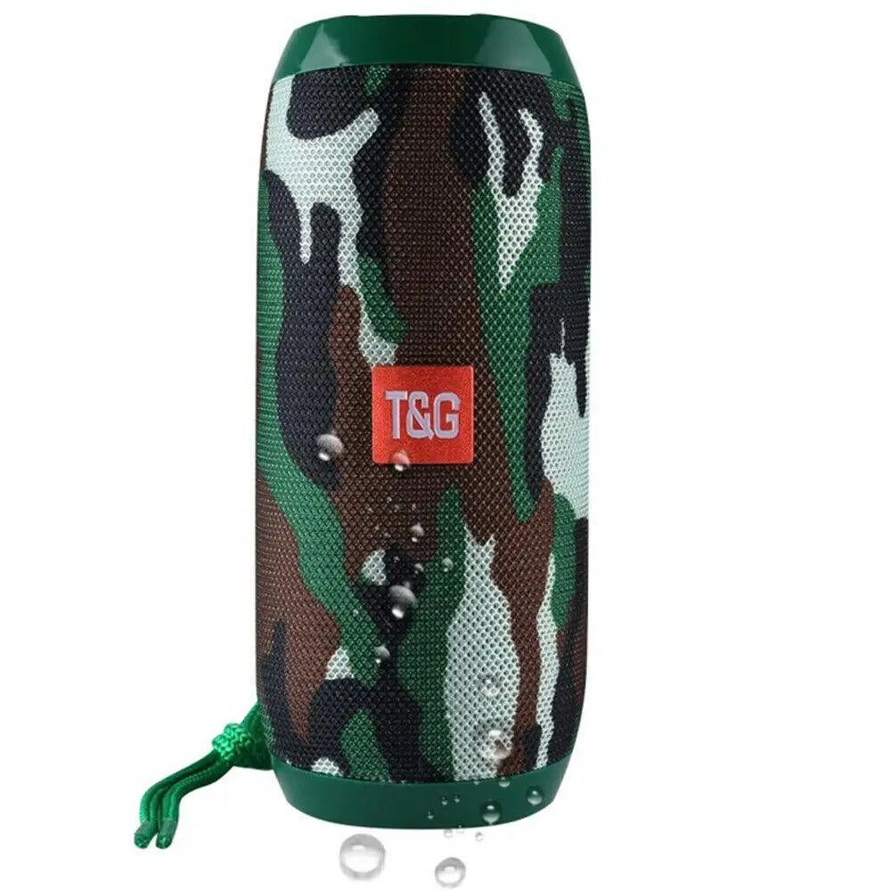Green and brown camouflage-patterned t&g bluetooth speaker with long battery life for outdoor use and dual bass sound bar