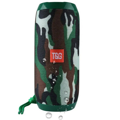 Green and brown camouflage-patterned t&g bluetooth speaker with long battery life for outdoor use and dual bass sound bar