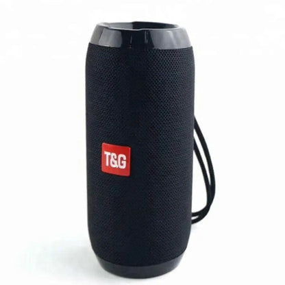 Black t&g tg117 outdoor bluetooth speaker with textured fabric, glossy accents, carrying strap, and long battery life