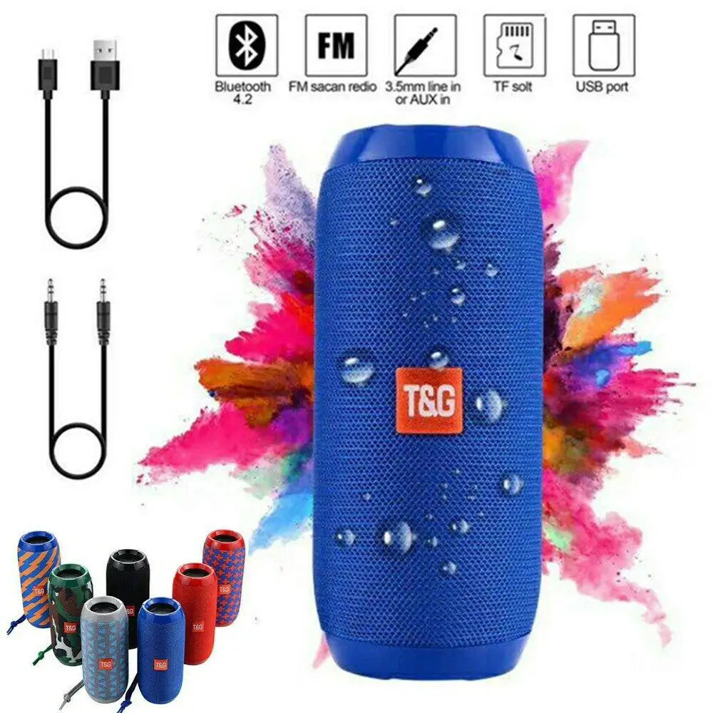 Blue tg117 outdoor bluetooth speaker with textured fabric, water-resistant design, and long battery life for portable use