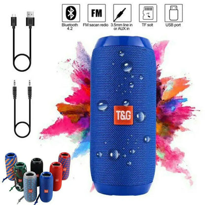 Blue tg117 outdoor bluetooth speaker with textured fabric, water-resistant design, and long battery life for portable use