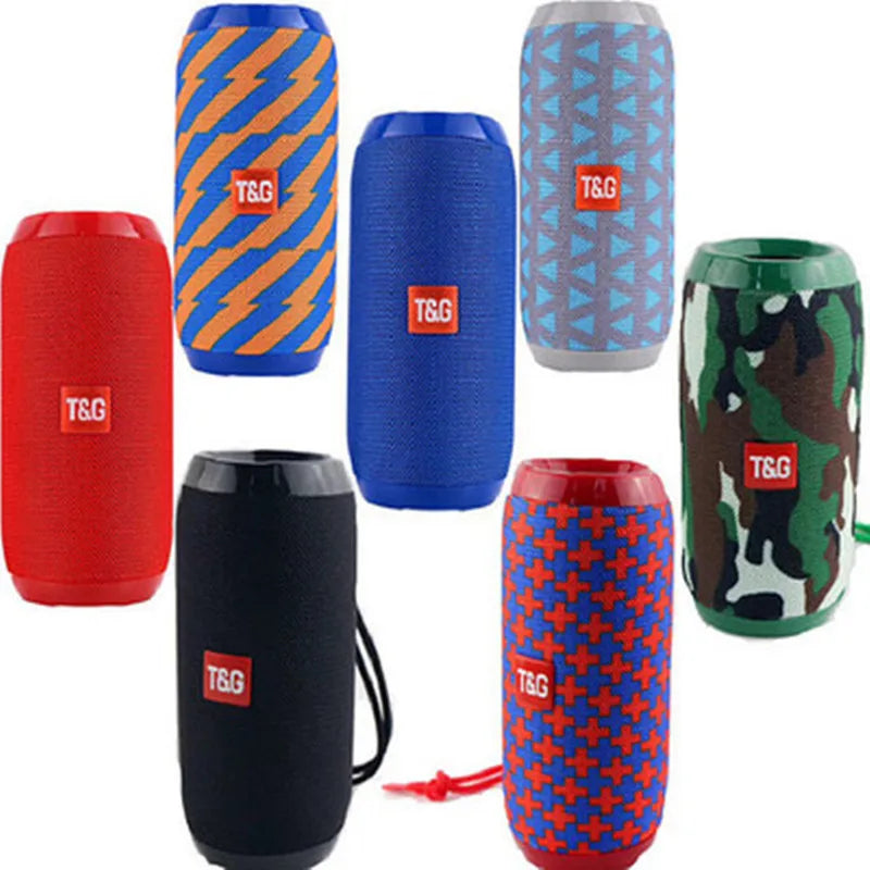A collection of t&g bluetooth speakers in vibrant colors featuring long battery life for outdoor use and dual bass sound