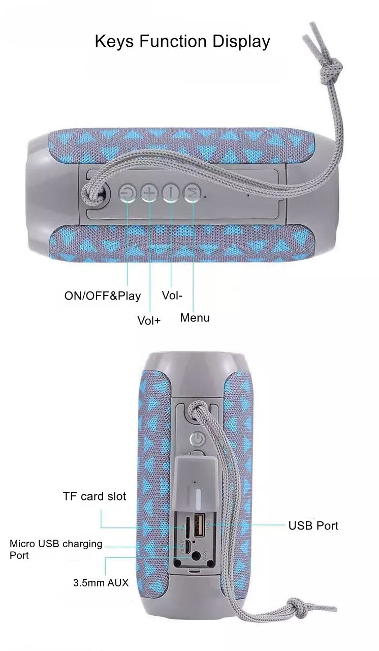 Gray portable bluetooth speaker with blue heart-patterned fabric and braided strap offers long battery life for outdoor use