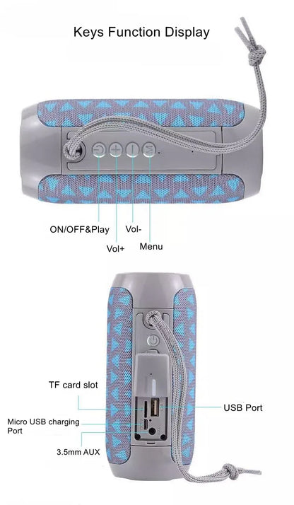 Gray portable bluetooth speaker with blue heart-patterned fabric and braided strap offers long battery life for outdoor use