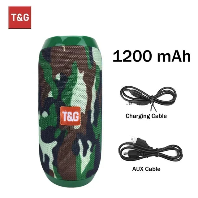 Tg117 portable bluetooth speaker tws with green brown black camouflage textured fabric for outdoor column boombox use