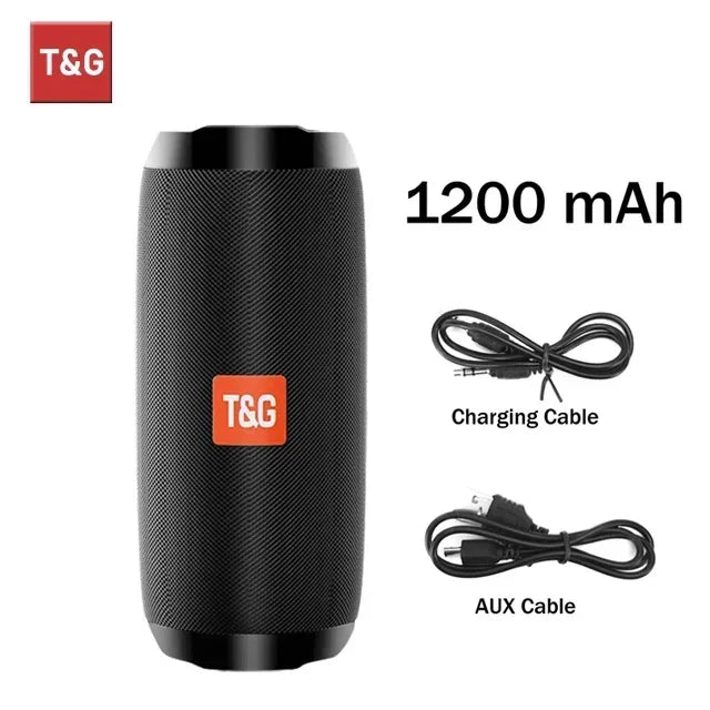 Black tg117 portable bluetooth speaker with textured fabric exterior and orange logo for outdoor column boombox use