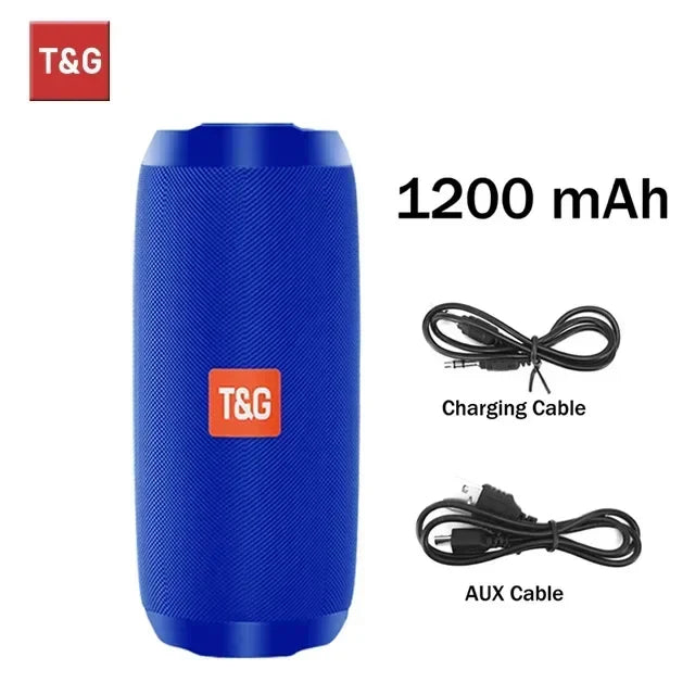 Blue tg117 portable bluetooth speaker with textured fabric exterior and orange logo outdoor column boombox tws model