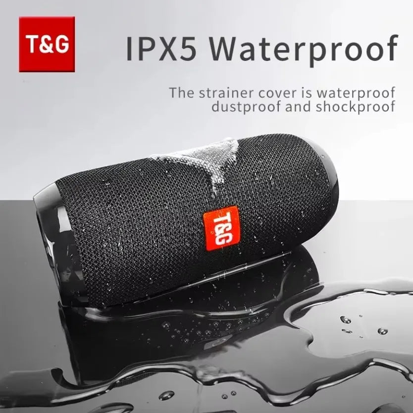 Black tg117 portable bluetooth speaker with textured fabric cover and glossy ends for outdoor column boombox use