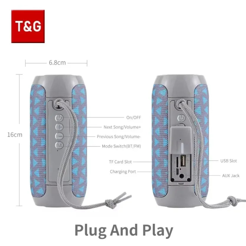 Tg117 portable bluetooth speaker tws outdoor column boombox with gray blue fabric usb tf aux and carrying strap