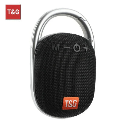 Black tg321 outdoor portable waterproof wireless bluetooth fabric speaker hifi with silver carabiner and textured cover