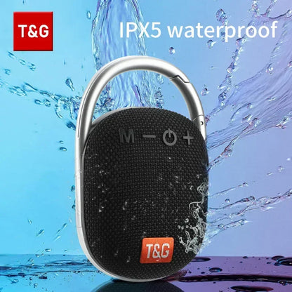 Black textured tg321 outdoor portable fabric speaker hifi with silver carabiner clip and waterproof wireless bluetooth design